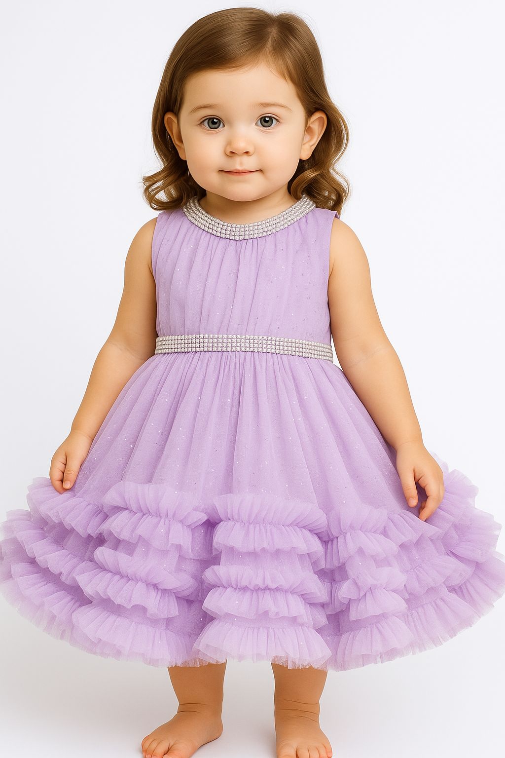 Beaded Neck Frill Dress for Girls