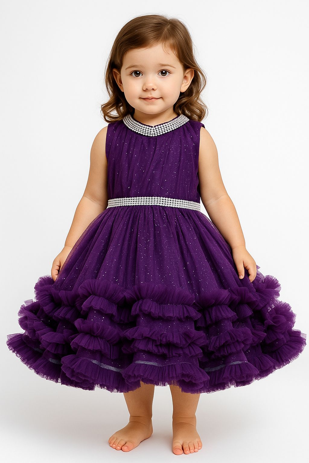 Beaded Neck Frill Dress for Girls